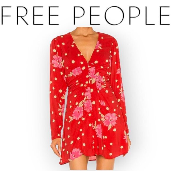 Free People Date Night Mini Plunge Dress Viscose Strawberry Combo EUC size M/L - Picture 1 of 15
